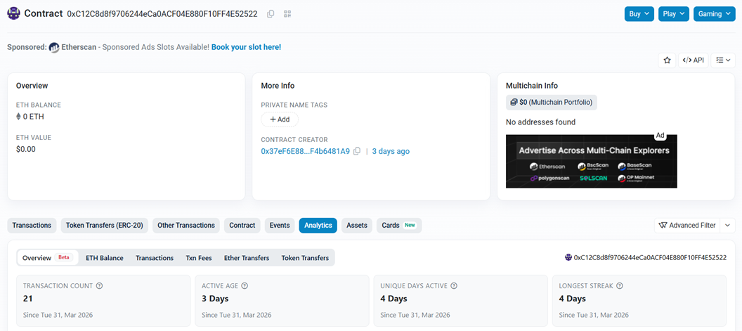 A screenshot of an Etherscan contract overview page