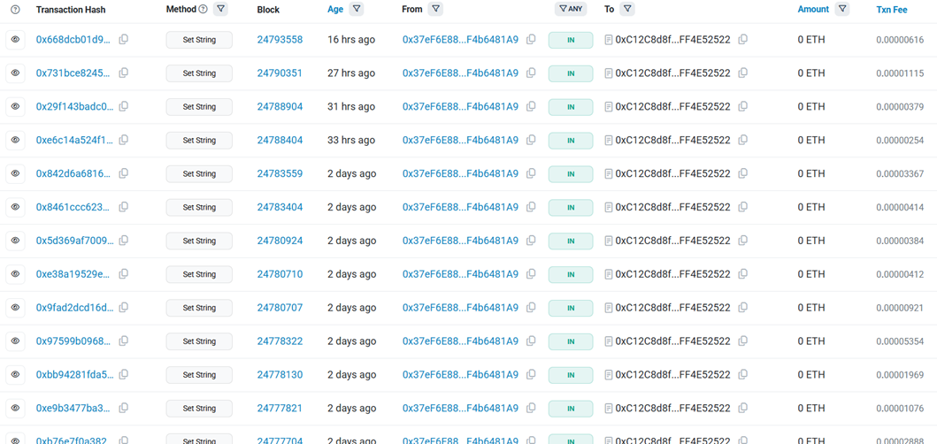 A screenshot of an Etherscan contract transaction list highlighting repeated state‑changing calls (Set String).