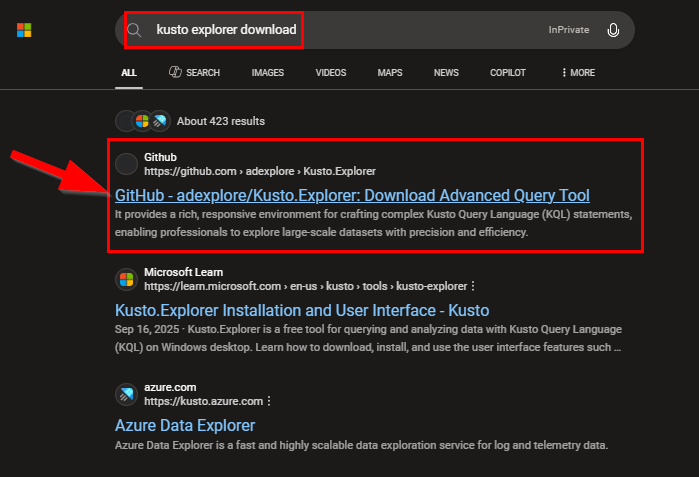 Bing search for “kusto explorer download”
