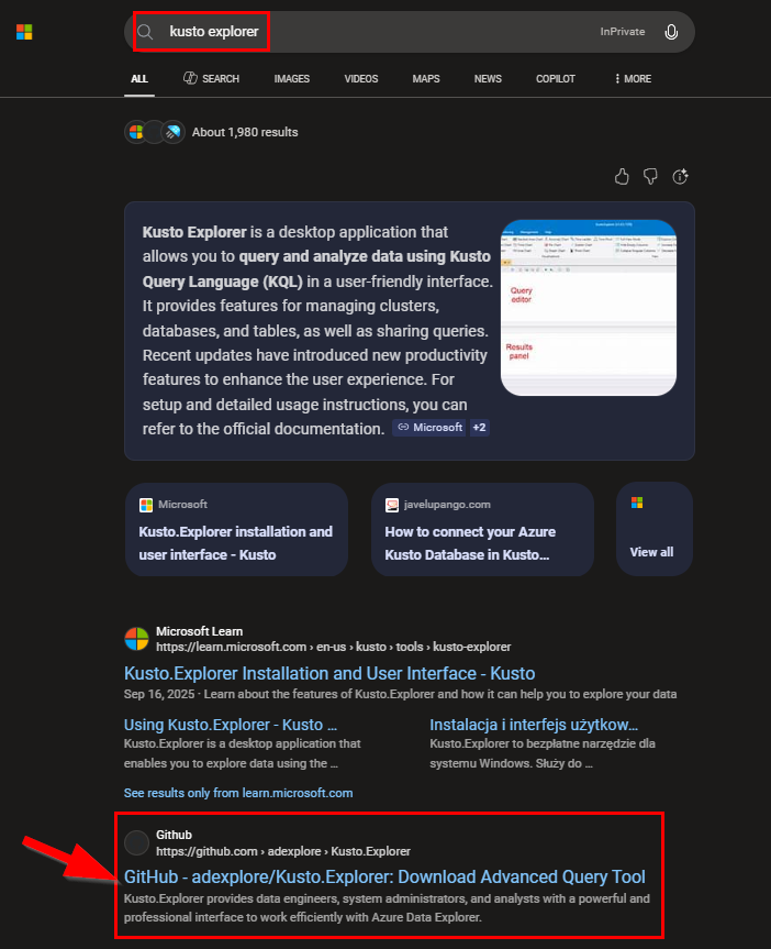 Bing search for “kusto explorer”