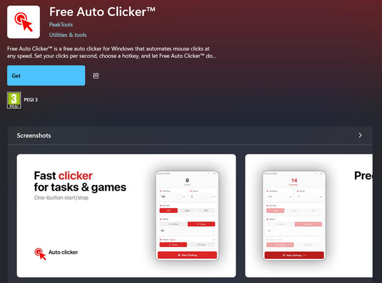 Screenshot of Microsoft Store page for malicious application.